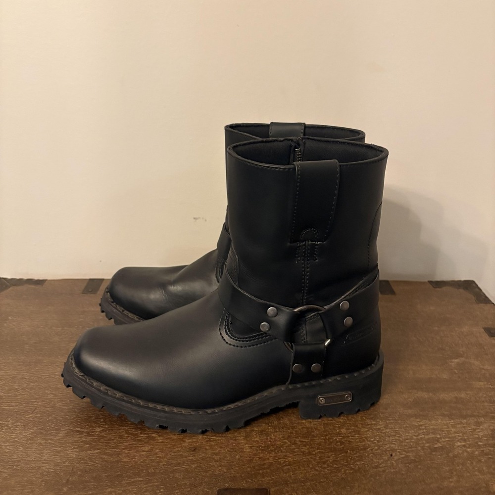 Xelement Boots Womens Size 10 Black Leather Motorcycle Harness Lug Sole Zip 2502